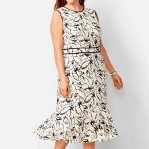 Talbots Black & White Midi Chiffon Dress Tulip Flounce Hem Floral Minimalist - 8